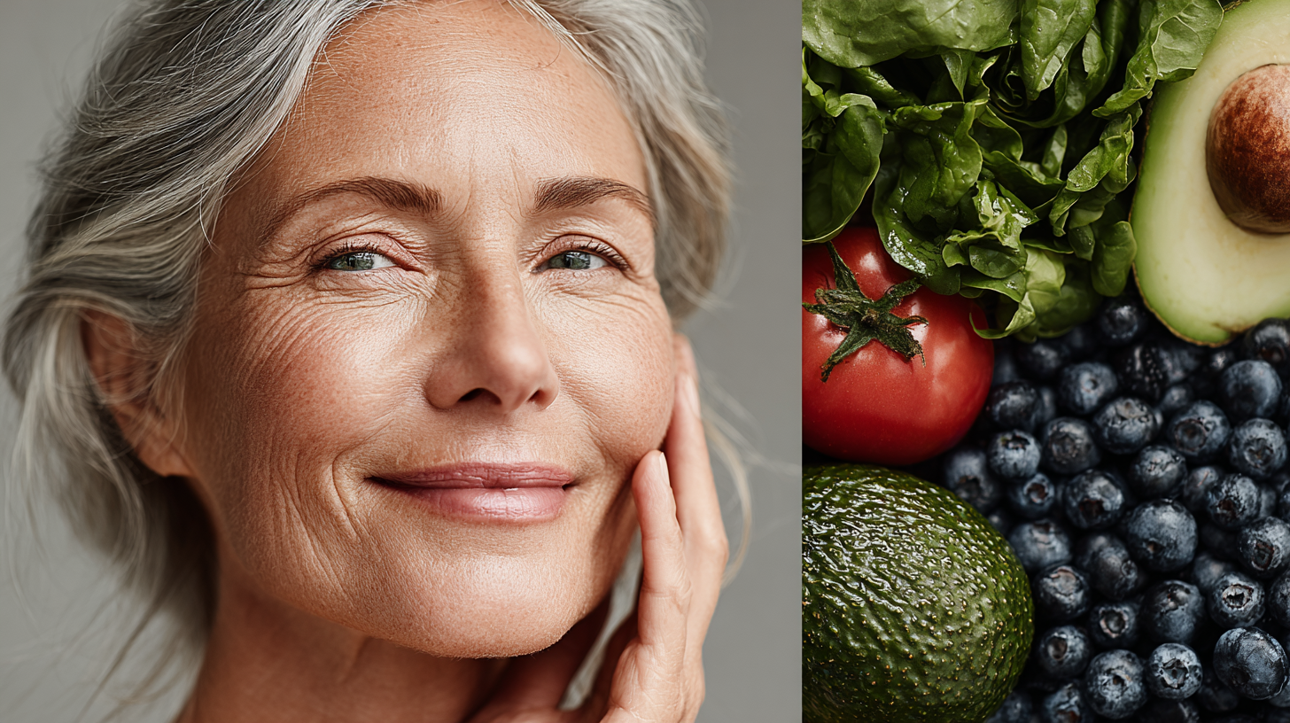 Щаслива зріла жінка з здоровою шкірою посміхається на кухні з натуральними продуктами